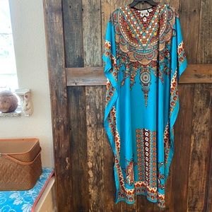 Santa Fe OS BOHO Blue Indian Print Flowy Caftan